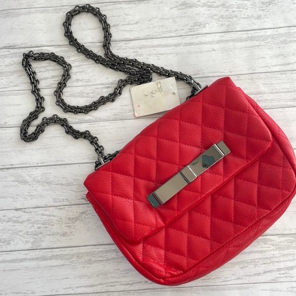 Rue de Fleur Handbags - NWT RED Puff Stitched Handbag with Gun Metal Bow and Chain Strap